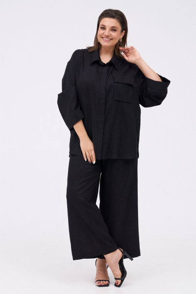 Льняной костюм из рубашки и брюк с разрезами KaVaRi 8023 черный - фото 11