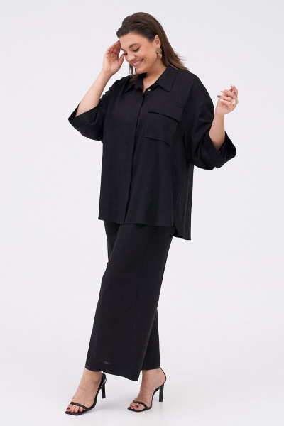 Льняной костюм из рубашки и брюк с разрезами KaVaRi 8023 черный - фото 7