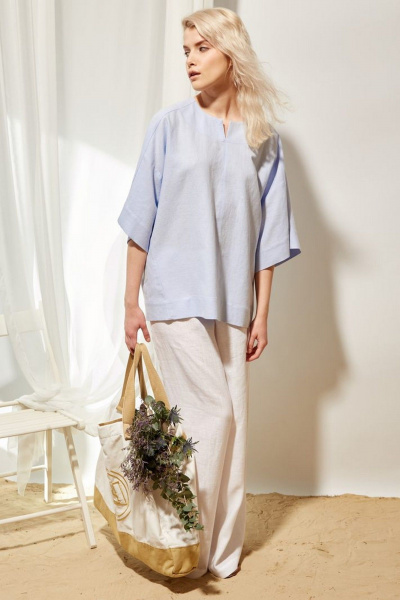 Голубая льняная рубашка в стиле оверсайз с разрезами PINA 20813 голубой - фото 2