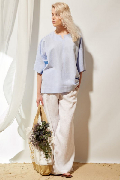 Голубая льняная рубашка в стиле оверсайз с разрезами PINA 20813 голубой - фото 1