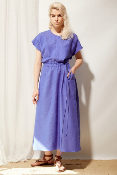 Платье oversize из льняной ткани с накладным карманом PINA 50382 кобальт - фото 5