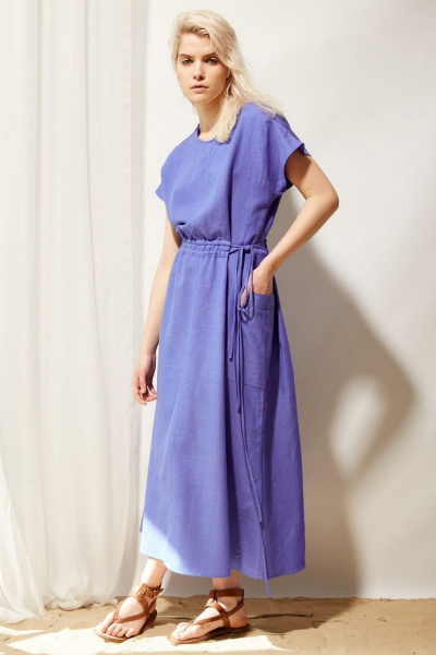 Платье oversize из льняной ткани с накладным карманом PINA 50382 кобальт - фото 4