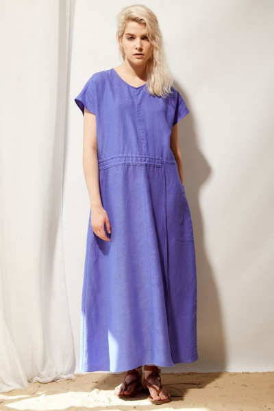 Платье oversize из льняной ткани с накладным карманом PINA 50382 кобальт - фото 1
