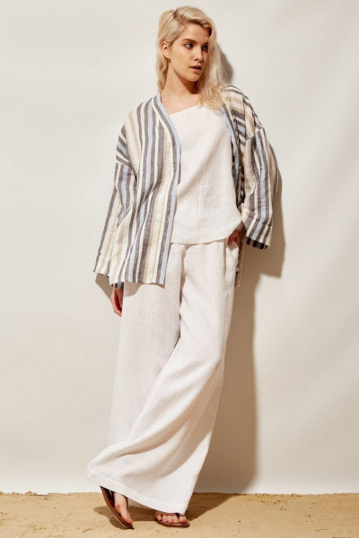 Мультиколор льняная рубашка свободного кроя с разрезами PINA 20811 полоска - фото 2