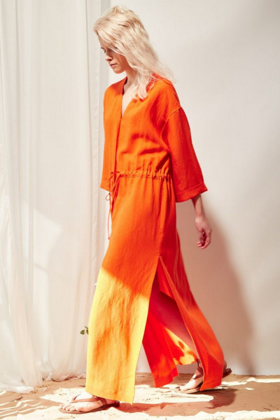 Леняное платье с разрезами, поясом и V-образным вырезом PINA 50405 оранжевый - фото 7