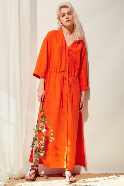 Леняное платье с разрезами, поясом и V-образным вырезом PINA 50405 оранжевый - фото 5