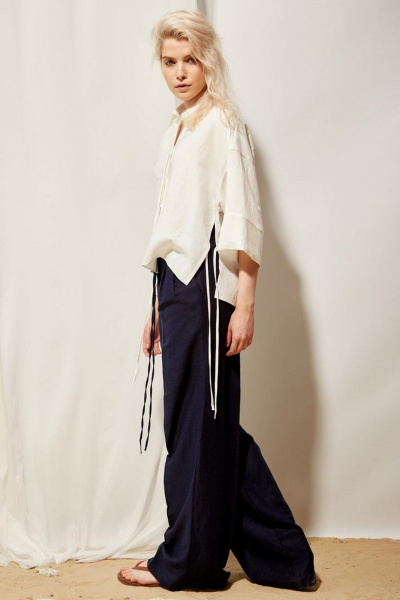 Брюки прямые из льна с высокой посадкой PINA 40137 тёмно-синий - фото 3