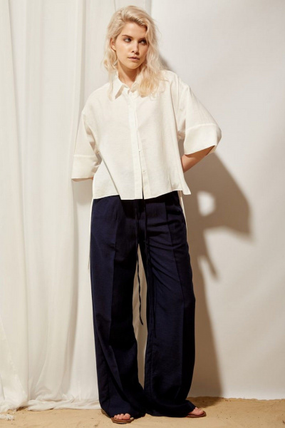 Брюки прямые из льна с высокой посадкой PINA 40137 тёмно-синий - фото 2