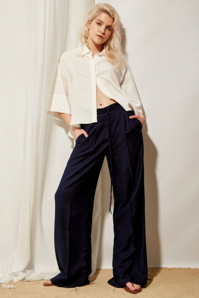 Брюки прямые из льна с высокой посадкой PINA 40137 тёмно-синий - фото 1