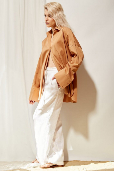 Карамельная oversize рубашка из хлопка с разрезами PINA 20844 карамельный - фото 3
