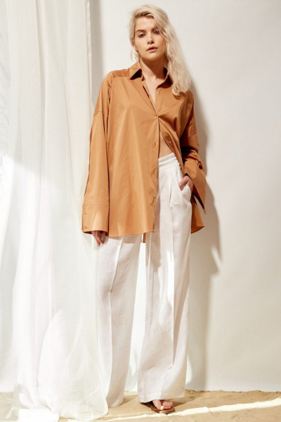 Карамельная oversize рубашка из хлопка с разрезами PINA 20844 карамельный - фото 1