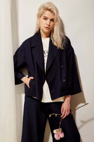 Синий льняной жакет прямого силуэта на каждый день PINA 10483 тёмно-синий - фото 5