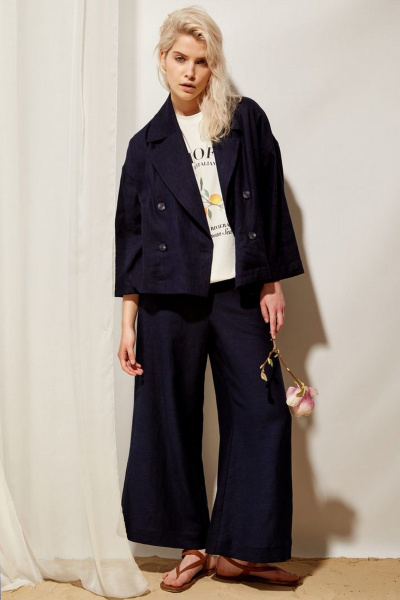 Синий льняной жакет прямого силуэта на каждый день PINA 10483 тёмно-синий - фото 3