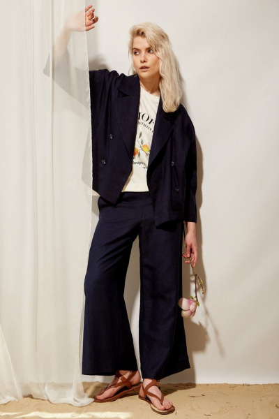 Синий льняной жакет прямого силуэта на каждый день PINA 10483 тёмно-синий - фото 2