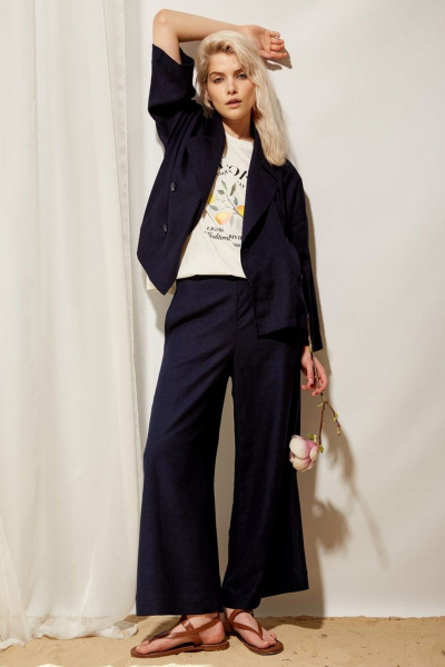 Синий льняной жакет прямого силуэта на каждый день PINA 10483 тёмно-синий - фото 1