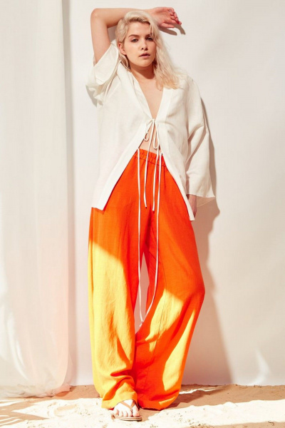 Палаццо из льна в ярком цвете с посадкой на резинке PINA 40159 оранжевый - фото 4