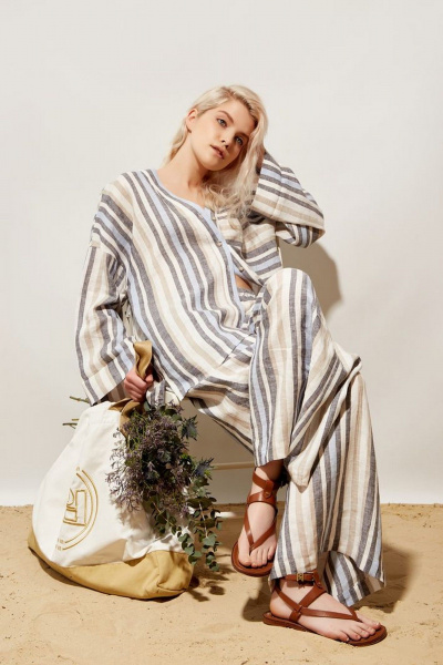 Палаццо из льна с полосатым принтом и высокой посадкой PINA 40160 полоска - фото 4