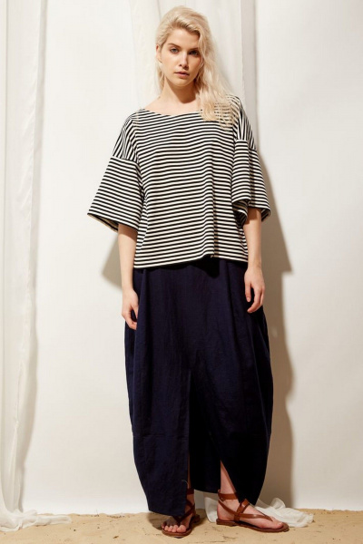 Юбка бутон из мягкого льна с разрезом и карманами PINA 3831 тёмно-синий - фото 1