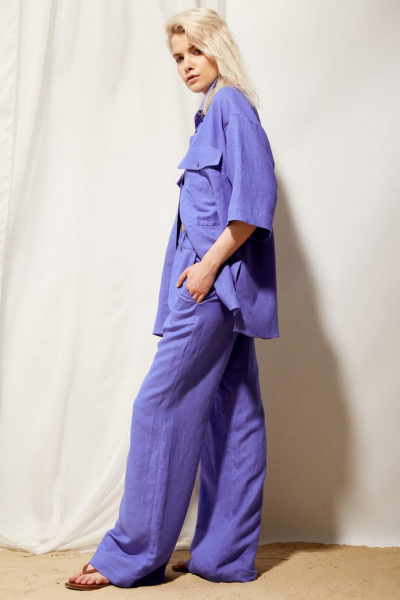 Брюки палаццо из льна с высокой посадкой и поясом PINA 40161 кобальт - фото 5