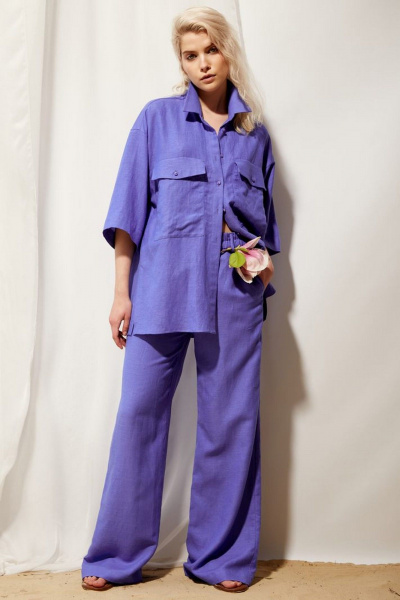 Брюки палаццо из льна с высокой посадкой и поясом PINA 40161 кобальт - фото 2