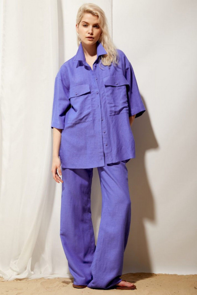 Брюки палаццо из льна с высокой посадкой и поясом PINA 40161 кобальт - фото 1