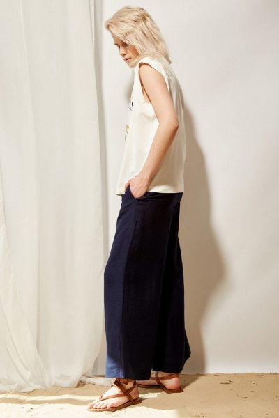 Брюки wide leg из льна с высокой посадкой PINA 40144 темно-синий - фото 2