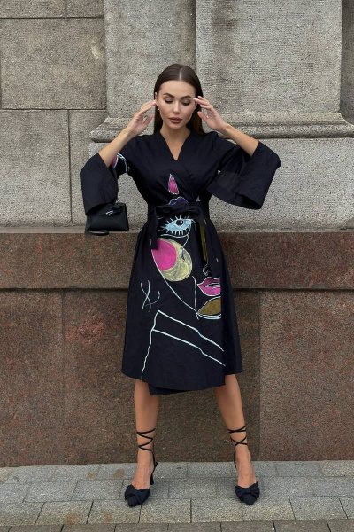 Платье-кимоно с ручной росписью, свободный крой, миди Pavlova 165/1 - фото 2