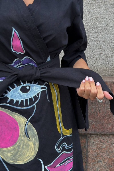 Платье-кимоно с ручной росписью, свободный крой, миди Pavlova 165/1 - фото 3