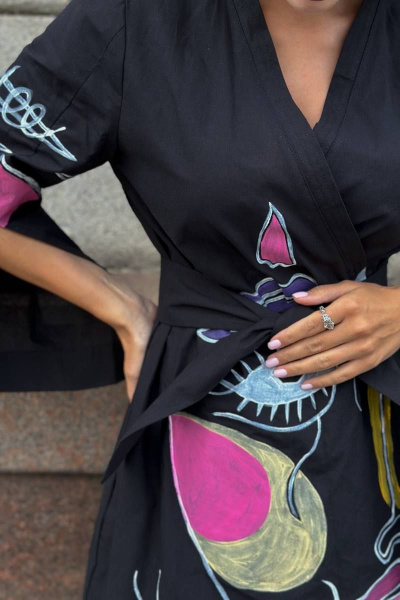 Платье-кимоно с ручной росписью, свободный крой, миди Pavlova 165/1 - фото 6