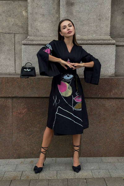 Платье-кимоно с ручной росписью, свободный крой, миди Pavlova 165/1 - фото 7
