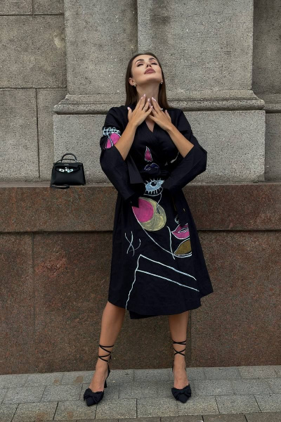 Платье-кимоно с ручной росписью, свободный крой, миди Pavlova 165/1 - фото 9
