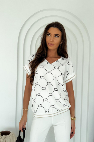 Блуза с коротким рукавом и V-образным вырезом Nika.PL 020114 гучи_бело-черный - фото 1