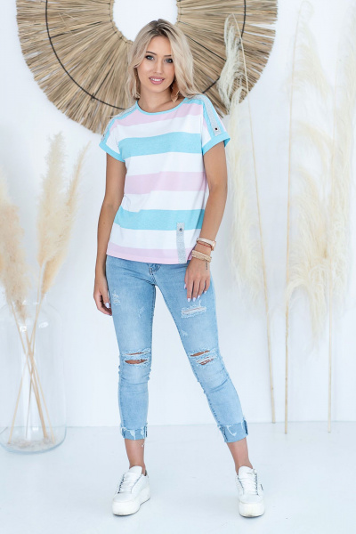 Блуза из польской вискозы с рукавом реглан и тесьмой Nika.PL 03099 розово-голубой - фото 1