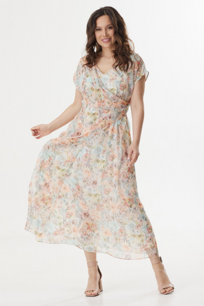 Бежевое и мультиколор платье из шифона с цветочным принтом Магия моды 2430 цветы_акварель - фото 6