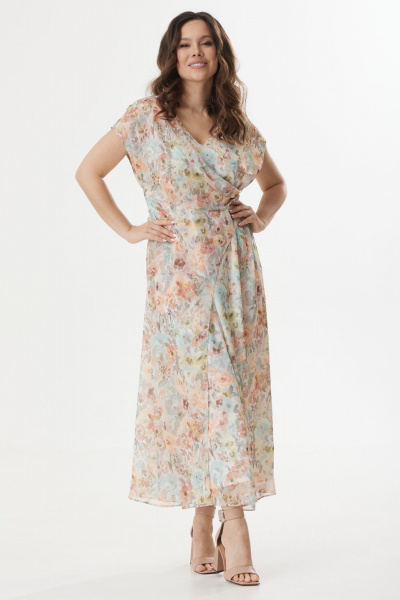 Бежевое и мультиколор платье из шифона с цветочным принтом Магия моды 2430 цветы_акварель - фото 3