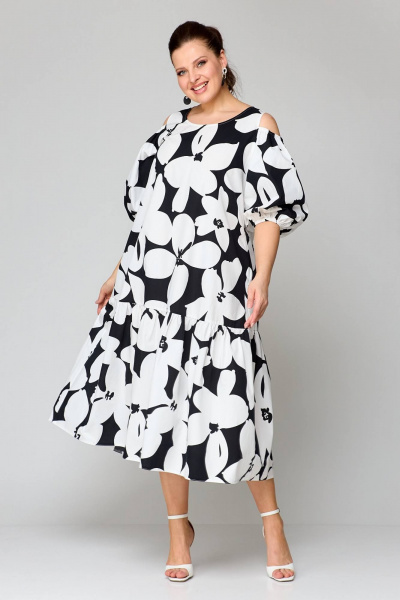 Многоцветное удлиненное платье с воланами и коротким рукавом Koketka i K 1147 белый+черный - фото 5