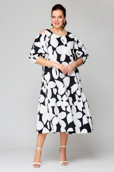 Многоцветное удлиненное платье с воланами и коротким рукавом Koketka i K 1147 белый+черный - фото 1