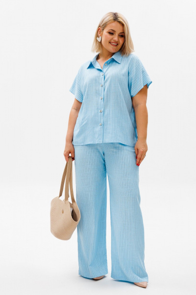 Льняной костюм из брюк и рубашки с коротким рукавом для лета Anelli 1405 небо - фото 1