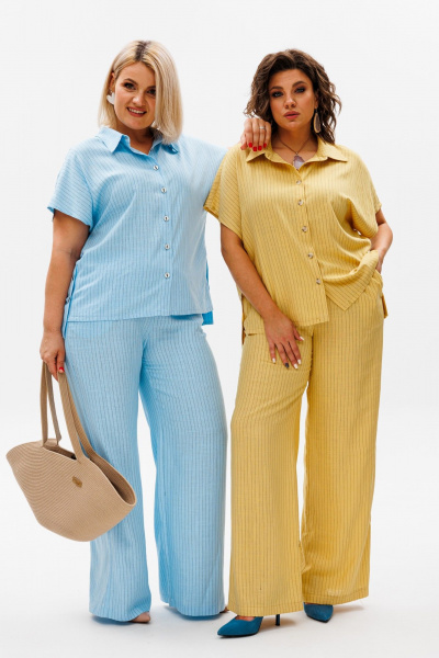 Льняной костюм из брюк и рубашки с коротким рукавом для лета Anelli 1405 небо - фото 4