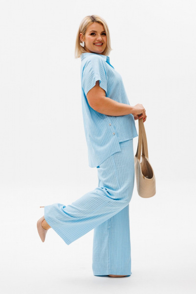 Льняной костюм из брюк и рубашки с коротким рукавом для лета Anelli 1405 небо - фото 3