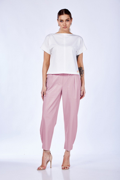 Комплект из трикотажа и эко-кожи с брюками и топом Anastasia 979 молочный/холодный_розовый - фото 1