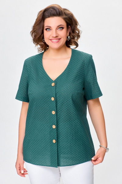 Блуза хлопчатобумажная с V-образным вырезом и нагрудными выточками Swallow 743 изумруд - фото 5