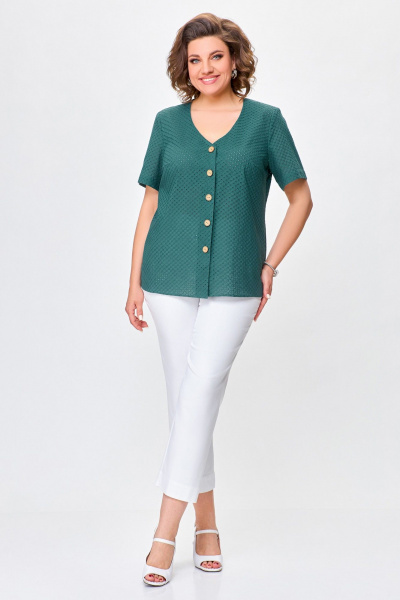 Блуза хлопчатобумажная с V-образным вырезом и нагрудными выточками Swallow 743 изумруд - фото 2