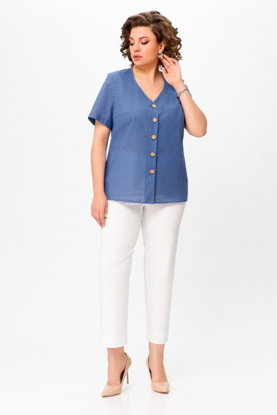 Блуза прямого силуэта из хлопка с V-образным вырезом Swallow 743.1 сизо-голубой - фото 4