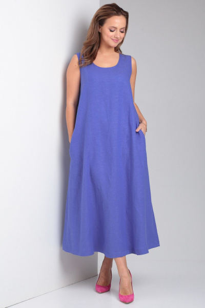 Свободное платье из льна с карманами и округлой горловиной Your size 2226 василек - фото 4