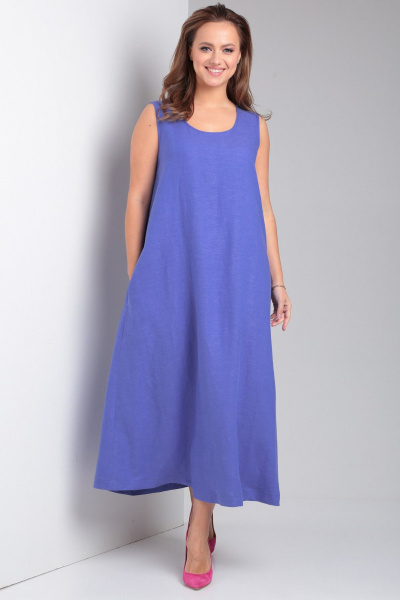 Свободное платье из льна с карманами и округлой горловиной Your size 2226 василек - фото 3