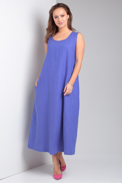 Свободное платье из льна с карманами и округлой горловиной Your size 2226 василек - фото 1