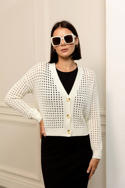 Укороченный хлопковый кардиган с ажурным переплетением и застежкой Romgil РВ0047-ХЛ4 молочный - фото 1