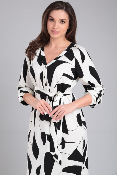 Платье летнее прямого силуэта с разрезом и поясом LeNata 16409 черно-молочный - фото 7