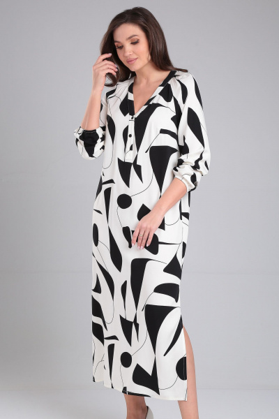 Платье летнее прямого силуэта с разрезом и поясом LeNata 16409 черно-молочный - фото 6